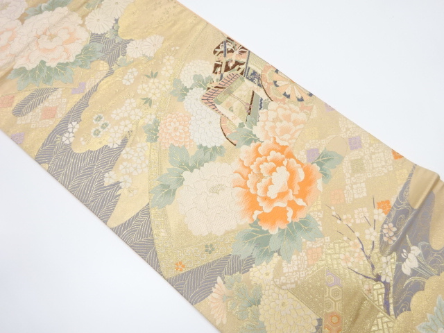 地紙に御所車・牡丹模様織出し袋帯